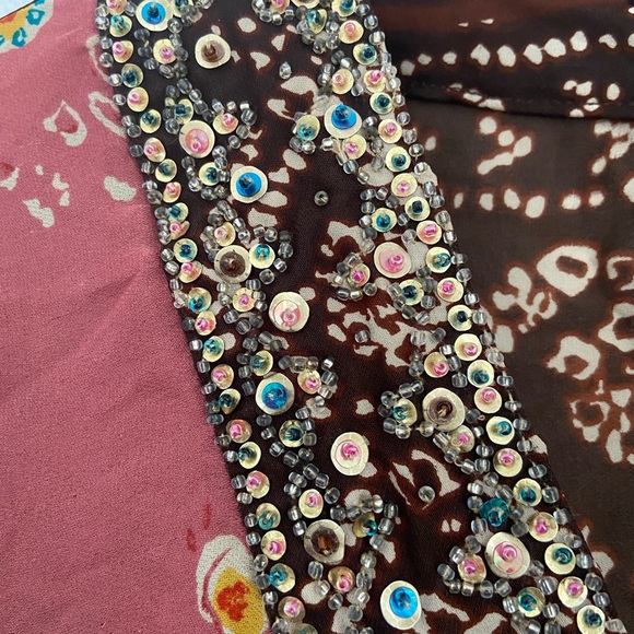 batik boho chiffon silk beaded top bohemian v neck blouse - Picture 4 of 16